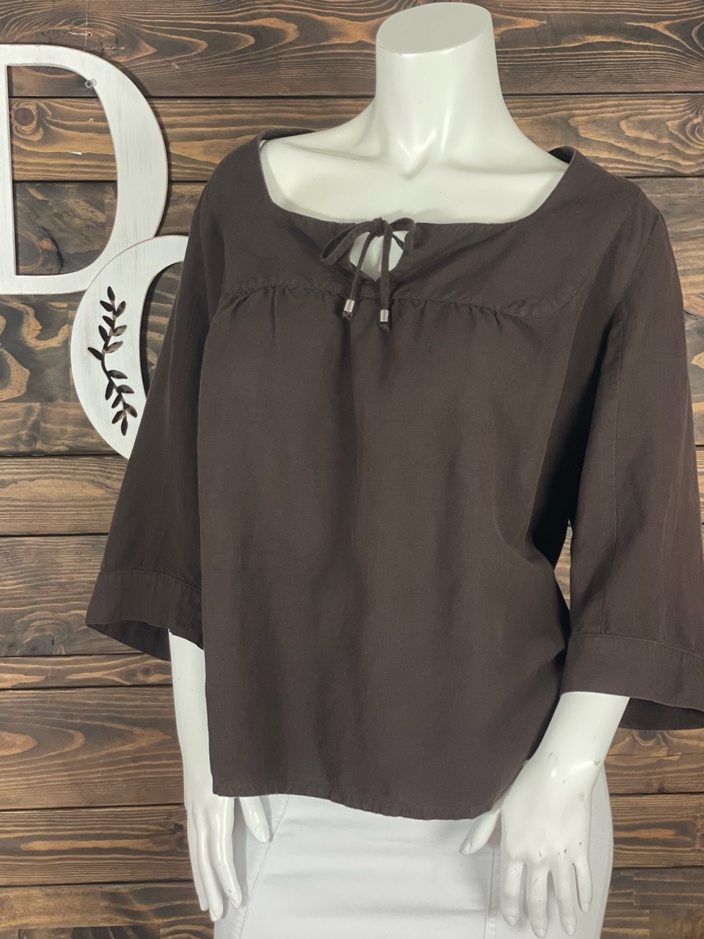 Lane Bryant‎ | Linen Blend Peasant Top Brown Keyhole Tie Split Square Neck